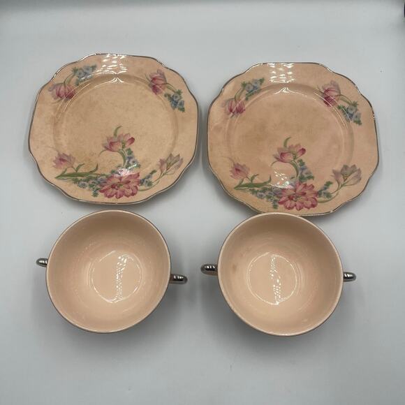 Vintage Quadro Crooksville Pink Floral Double-Handled Cup & Small Plate set of 2 - Picture 1 of 8